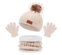 Ensemble Bonnet Echarpe Gants Enfant Bonnet Pompon Fourrure, éCharpe Tour De Cou ÉPaississant Lot De 3 De Ski Neige Cyclisme Extensible Thermique Doux Et Confortable