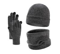 Ensemble Bonnet Écharpe Homme Laine, avec Doublure en Polaire Cosy Ensemble Thermique Tricoté Hiver 3 en 1 Chapeau Bonnet d'hiver Écharpe Et Gants À Écran Tactile Unisexes pour Cadeau De Noël
