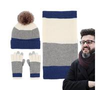 Ensemble bonnet et écharpe, bonnet d'hiver chaud | bonnet et écharpe d'hiver, moufles en laine pour homme et femme, Blanc + Gris + Bleu, Refer to description