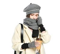 Ensemble Bonnet et écharpe d'hiver Chapeau tricoté d'hiver Plaid Painter's Hat Echarpe Gants 3pcs Set Bonnet en Tricot Chaud(Black)