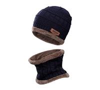 Ensemble Bonnet et Écharpe en Tricot D'hiver pour Enfant Slouchy Chaud Sports de Plein Air Écharpe et Chapeau pour 5-12 Ans Garçons Filles, Marine Bleu