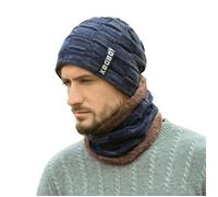 Ensemble bonnet et écharpe pour homme automne et hiver - Tricoté - Doublé en polaire - Bleu marine
