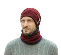 Ensemble bonnet et écharpe pour homme automne et hiver - Tricoté - Doublé en polaire - Bordeaux