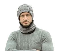Ensemble bonnet et écharpe pour homme automne et hiver - Tricoté - Doublé en polaire - Gris clair