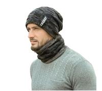 Ensemble bonnet et écharpe pour homme automne et hiver - Tricoté - Doublé en polaire - Gris foncé