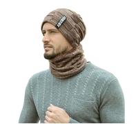 Ensemble bonnet et écharpe pour homme automne et hiver - Tricoté - Doublé en polaire - Kaki