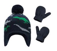 Ensemble Bonnet et Gants pour Bébé Chapeau Tricoté Chaud Cache-oreilles et Moufles Hiver Anti-vent Doublure Laine Thermique Motif Dinosaure Mignon Hat Beanie Extérieur pour Garçon Fille 4-5 Ans