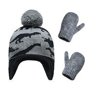 Ensemble Bonnet et Gants pour Bébé Chapeau Tricoté Chaud Cache-oreilles et Moufles Hiver Anti-vent Doublure Laine Thermique Motif Dinosaure Mignon Hat Beanie Extérieur pour Garçon Fille 4-5 Ans