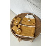 Ensemble bonnet, moufles et cache-cou enfant en tricot charly ocre 5/6A