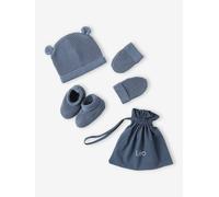 Ensemble bonnet, moufles et chaussons bébé naissance et son pochon personnalisable bleu jean 12/18M(74/81)