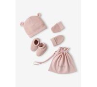 Ensemble bonnet, moufles et chaussons bébé naissance et son pochon personnalisable rose poudré 12/18M(74/81)