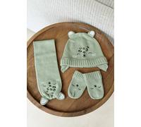 Ensemble bonnet, moufles et écharpe bébé en tricot boavista kaki 3/6M(60/67)