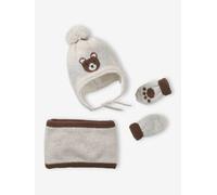 VERTBAUDET Ensemble Bonnet Péruvien Jacquard Ours Snood et Moufles Beige chiné 3/6M(60/67)