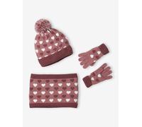 Ensemble bonnet snood et gants coeurs fille bleu grisé 2/3A