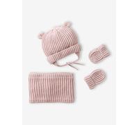 Ensemble bonnet, snood et moufles bébé rose pâle 12/18M(74/81)