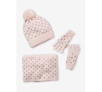 VERTBAUDET Ensemble Bonnet + Snood + Gants Coeurs Fille Basics Rose 4/6A