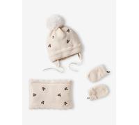 Ensemble bonnet + snood + moufles bébé fille beige poudré 3/6M(60/67)