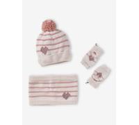 VERTBAUDET Ensemble Bonnet + Snood + moufles/Mitaines Rayures/Coeur Fille écru 8/10A