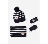 Ensemble bonnet + snood + moufles/mitaines rayures/coeur fille marine 8/10A