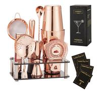 Ensemble Boston Shaker Gienxias - 10 pièces en Acier Inoxydable, avec Filtre, Pince à Glace, cuillère de Bar, doseur et Support en Acrylique - pour barmans Professionnels et Amateurs (Or Rose)