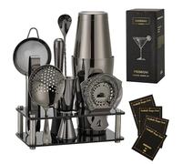 Ensemble Boston Shaker Gienxias - 10 pièces en acier inoxydable, avec filtre, pince à glace, cuillère de bar, doseur et support en acrylique - Pour barmans professionnels et amateurs (Noir)