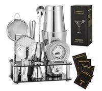 Ensemble Boston Shaker Gienxias - 10 pièces en acier inoxydable, avec filtre, pince à glace, cuillère de bar, doseur et support en acrylique - Pour barmans professionnels et amateurs (Argent)