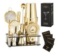Ensemble Boston Shaker Gienxias - 10 pièces en acier inoxydable, avec filtre, pince à glace, cuillère de bar, doseur et support en acrylique - Pour barmans professionnels et amateurs (Or)