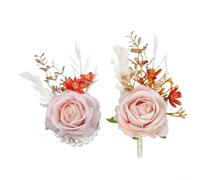 Ensemble boutonnière et corsage de poignet avec roses artificielles et baies pour une fixation facile, pour mariage et événements formels (blanc)