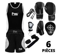 Ensemble Boxe Enfants - PSS - Kit 6 Pièces - Short & Débardeur - Gants 4 oz - Noir/Gris 13-14 ans