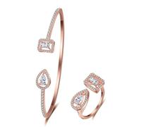 Ensemble Bracelet Manchette et Bague en oxyde de Zirconium | Ensemble Moderne Ajustable en Forme de Goutte et de carré | Bijoux de Luxe en Faux Diamants(Rose Gold)