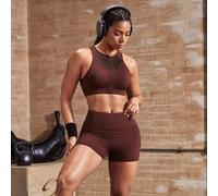 Ensemble brassière de sport marron unie avec patchwork en maille et fermeture éclair avant + short de sport moulant pour femmes L,M,SUnicoloreTissu tricoté
