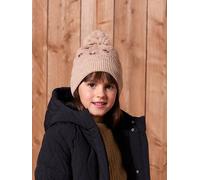 Ensemble brodé fille bonnet + snood + moufles/mitaines en maille ajourée beige doré 4/6A
