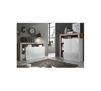 ARTURO - Ensemble Buffet 3P + Meuble Bar Blanc Laqué Niches Aspect Bois Antik -