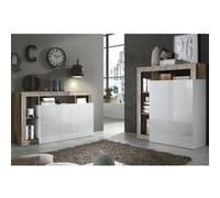 ARTURO - Ensemble Buffet 3P + Meuble Bar Blanc Laqué Niches Aspect Bois Antik -