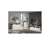 Ensemble Buffet 4P + Meubles TV et Bar Blanc Laqué Niches Aspect Bois Antik - ARTURO -
