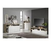 ARTURO - Ensemble Buffet 4P + Meubles TV et Bar Blanc Laqué Niches Aspect Bois Antik -