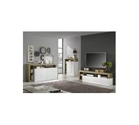 Ensemble Buffet 4P + Meubles TV et Bar Blanc Laqué Niches Aspect Bois Cadiz - ARTURO -
