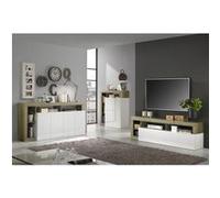 ARTURO - Ensemble Buffet 4P + Meubles TV et Bar Blanc Laqué Niches Aspect Bois Cadiz -