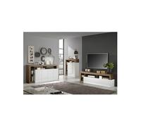 Ensemble Buffet 4P + Meubles TV et Bar Blanc Laqué Niches Aspect Chêne Mercure - ARTURO -