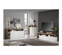 ARTURO - Ensemble Buffet 4P + Meubles TV et Bar Blanc Laqué Niches Aspect Chêne Mercure -