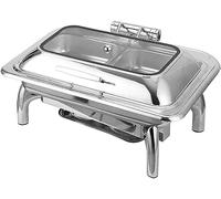 Ensemble buffet de pot chaude en acier inoxydable - Assiette chaude de nourriture ronde avec couvercle de vue en verre et porte-couvercle intégré pour les fêtes, les dîners et les restaurants, type