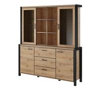 Ensemble buffet et huche avec éclairage LED collection TIVORA. Meuble 4 portes, 3 tiroirs. Couleur chêne et noir