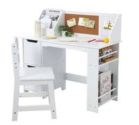 Ensemble bureau de dessin enfant - Table en bois, chaise, bibliothèque, tableau d'affichage, rangements- Blanc