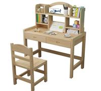 Ensemble Bureau Et Chaise En Bois Pour Étudiant Avec Bibliothèque Et Tiroirs Table D'étude En Pin Massif Hauteur Réglable, Idéal Pour Lire Écrire Et Dessiner Usage Domestique Ou Scolaire(100x50x75cm)