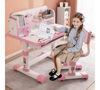 Ensemble Bureau et Chaise Fonctionnel pour Enfants, Ensemble Bureau et Chaise Réglables en Hauteur pour Enfants avec Motif Cartoon, Grande Surface D'écriture, étagère (Pink)