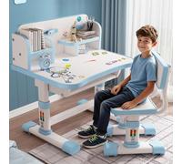 Ensemble Bureau et Chaise Fonctionnel pour Enfants, Ensemble Bureau et Chaise Réglables en Hauteur pour Enfants avec Motif Cartoon, Grande Surface D'écriture, étagère (Blue)