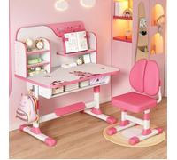 Ensemble Bureau et Chaise pour Enfant Hauteur Réglable,Table de dessin,Table d'étude avec Tiroir et Crochet, 111*80*54cm, Rose
