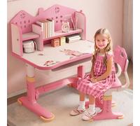 Ensemble bureau et chaise pour enfants, 2 pièces/ensemble table d'étude réglable en hauteur avec motif astronaute, chaise de bureau ergonomique avec grand tableau à écrire, étagère et tiroir (rose-b)