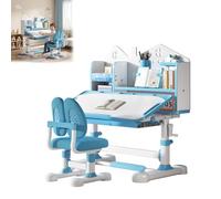 Ensemble bureau et chaise pour enfants, chaise de bureau inclinable à 50 degrés avec tiroir de rangement, bibliothèque, table d'apprentissage ergonomique, meubles de chambre à coucher (bleu)