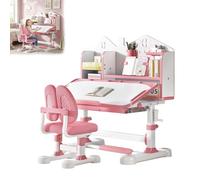 Ensemble bureau et chaise pour enfants, chaise de bureau inclinable à 50 degrés avec tiroir de rangement, bibliothèque, table d'apprentissage ergonomique, meuble de chambre à coucher (rose)